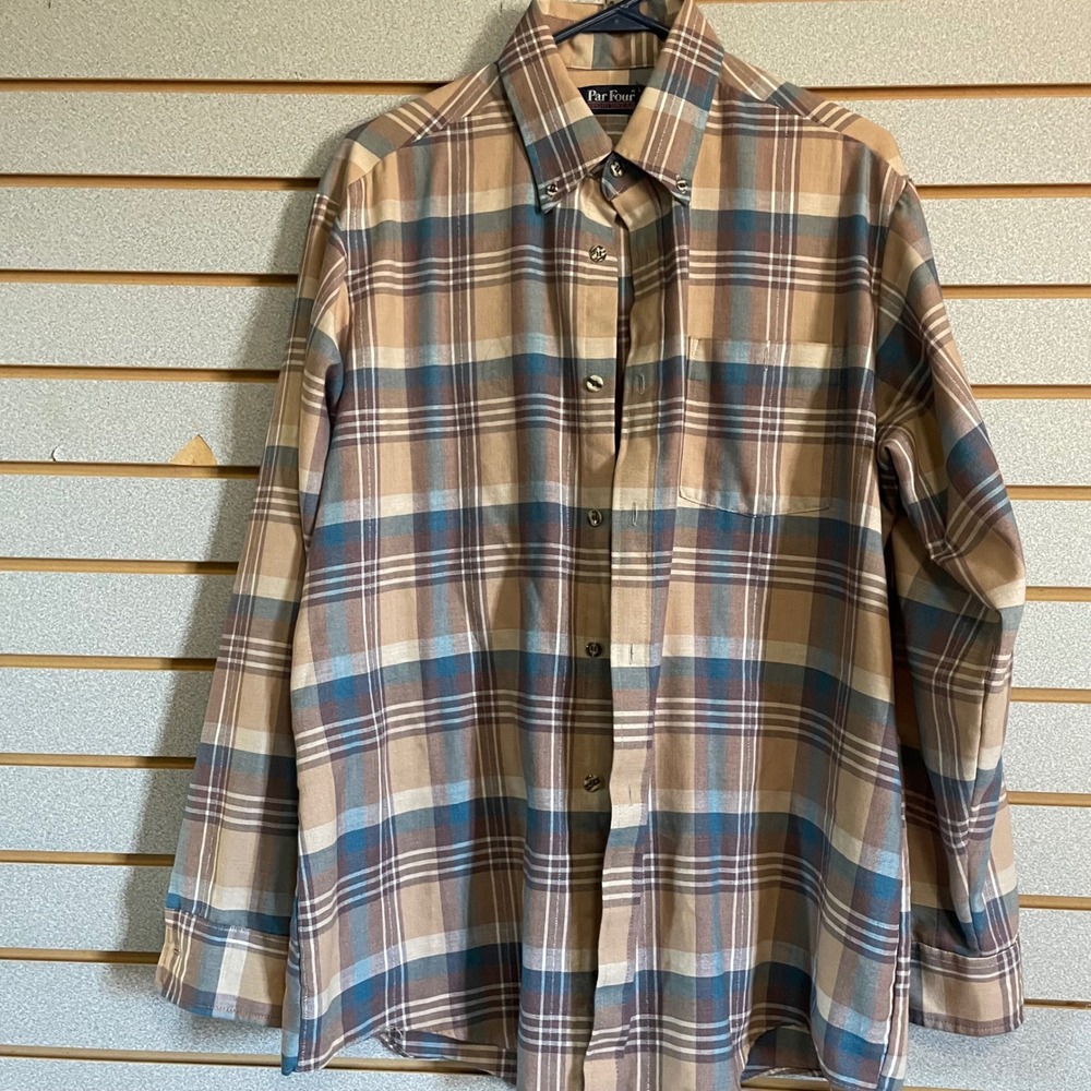 Par Four Sportswear Mens L Plaid Flannel Button Up Shirt Long Sleeve Beige Blue‎